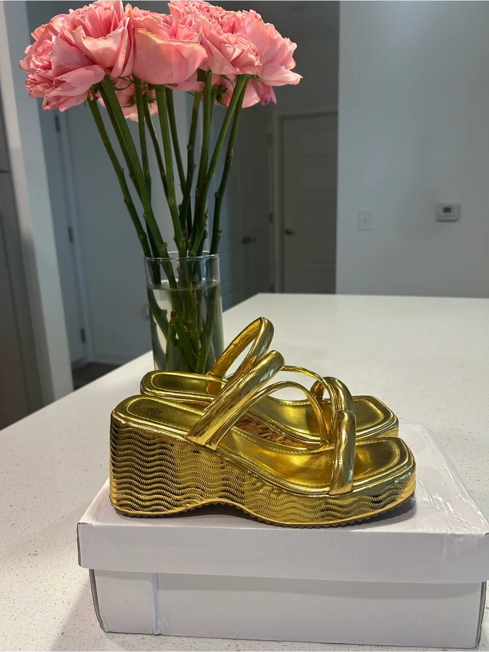 Metallic Gold Strappy Platform Sandals - Women's